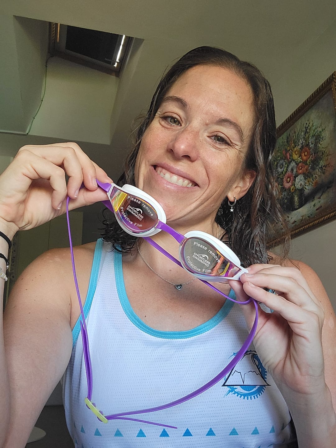 Customer photo review of NanoClear™ Strike Swim Goggles Sunrise Mirror - (White/Purple)