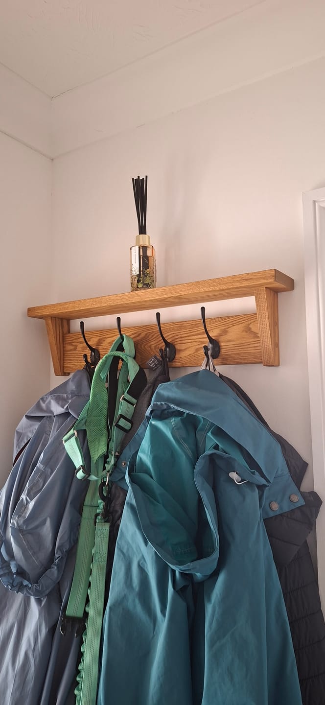Customer photo review of Solid Oak Coat Rack With Storage Shelf