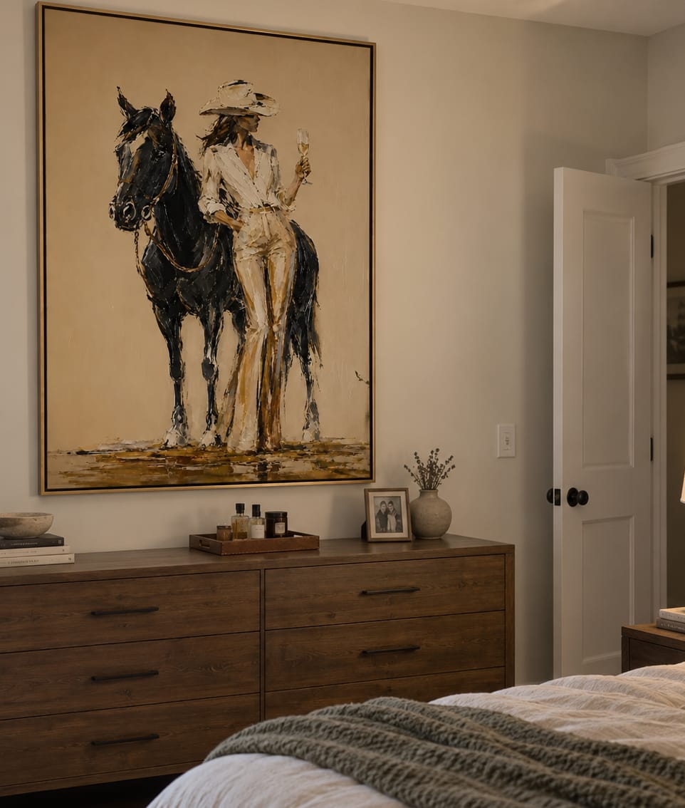 Customer photo review of Champagne Cowgirl-Black Horse Western Painting
