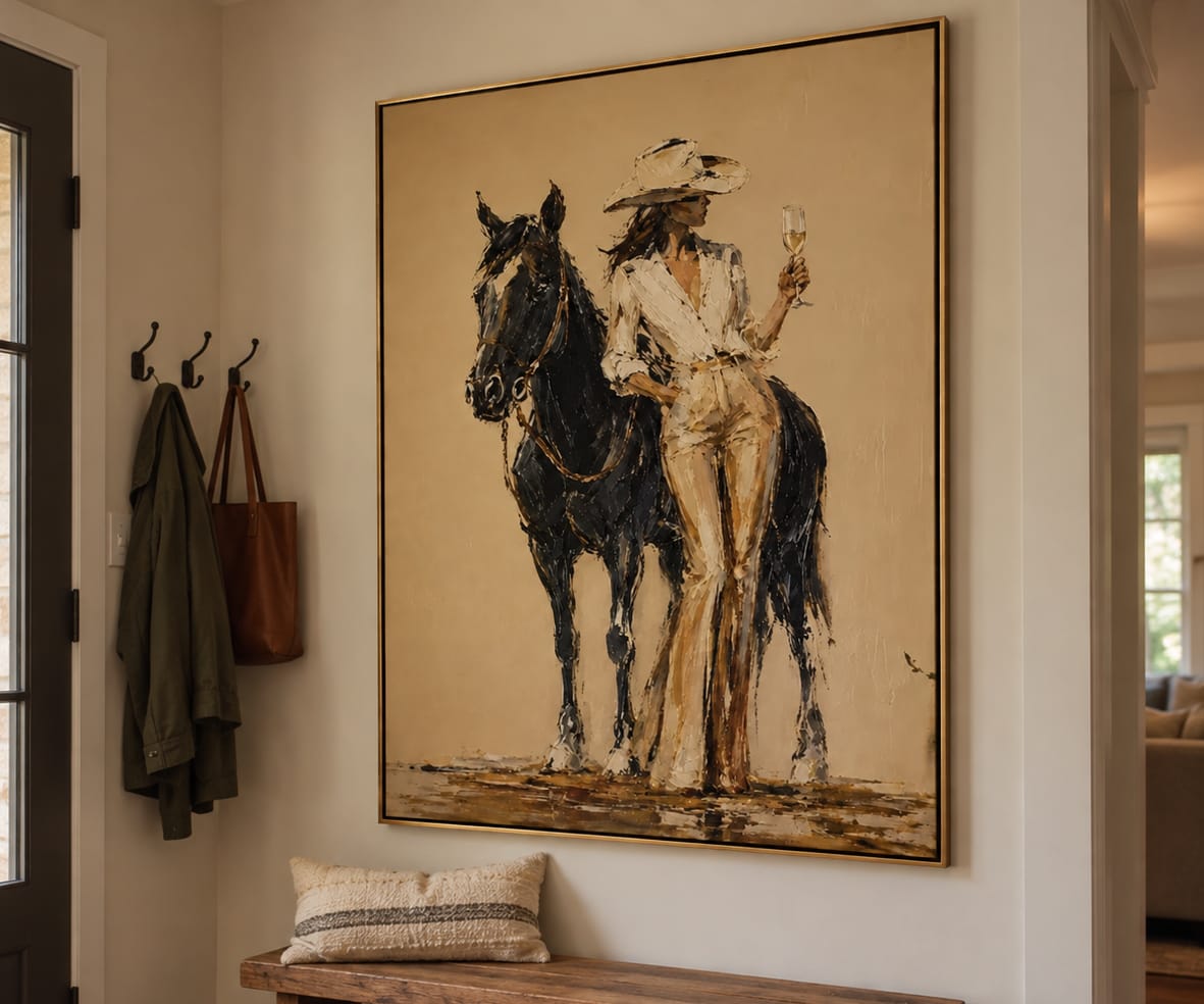 Customer photo review of Champagne Cowgirl-Black Horse Western Painting