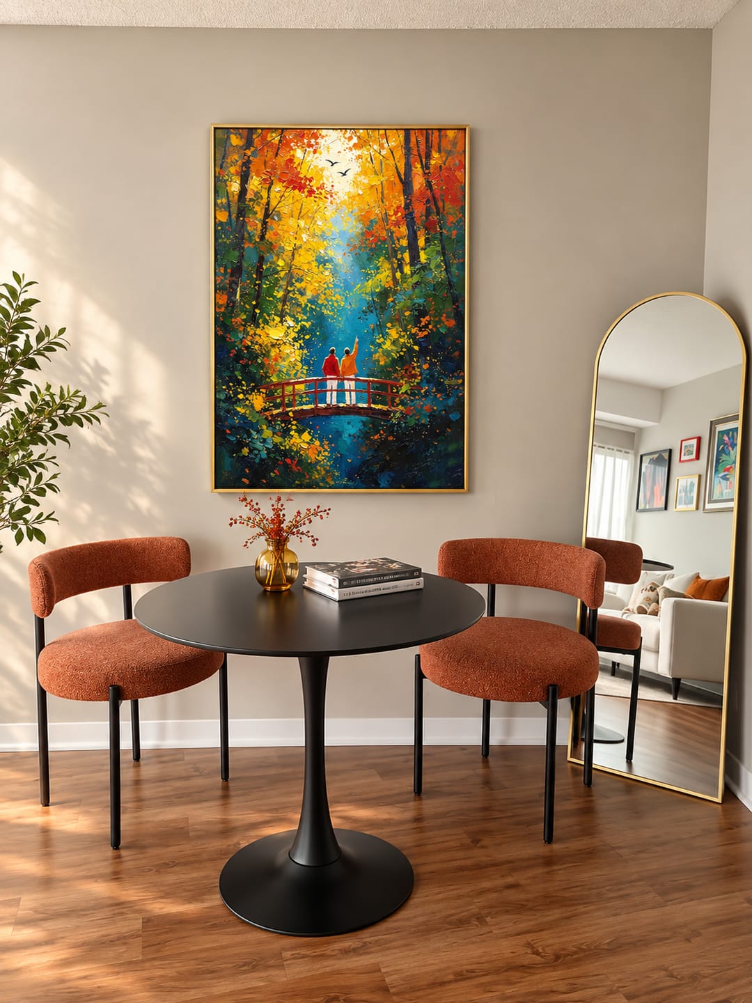 Customer photo review of "Golden Journey" – Impressionist Autumn Forest Footbridge Textured Oil Painting
