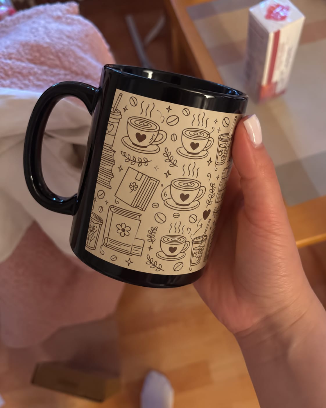 Customer photo review of Busy life. Soft moments. Black Mug