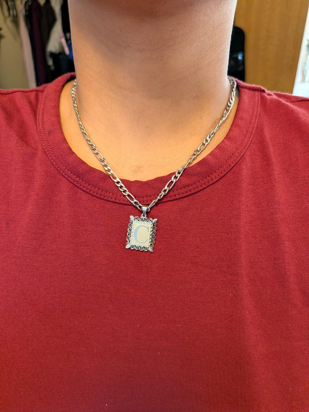 Customer photo review of Embossed Initial Necklace w/ Figaro Chain