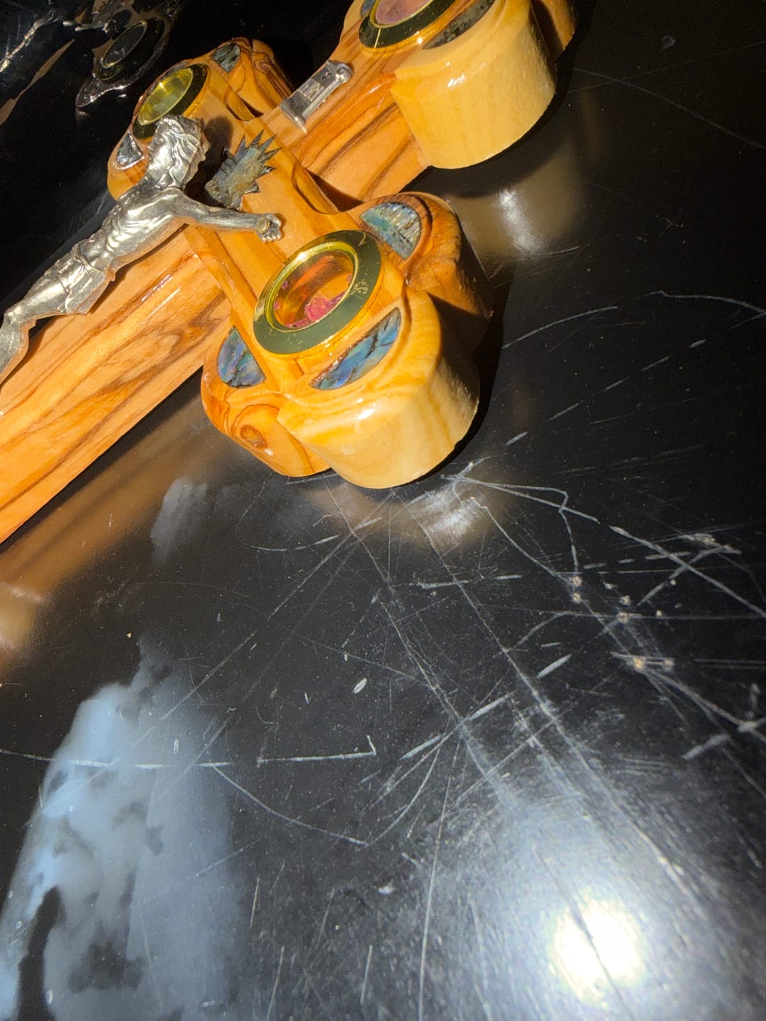Customer photo review of Olive Wood Crucifix (Partially covered with Mother of Pearl) - Holy Land Crucifixes