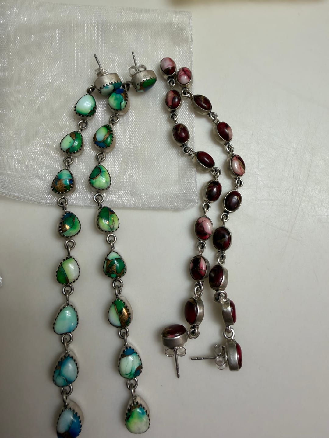 Customer photo review of Handmade Sterling Peacock Dahlia Dangle Earrings with Signed Nizhoni