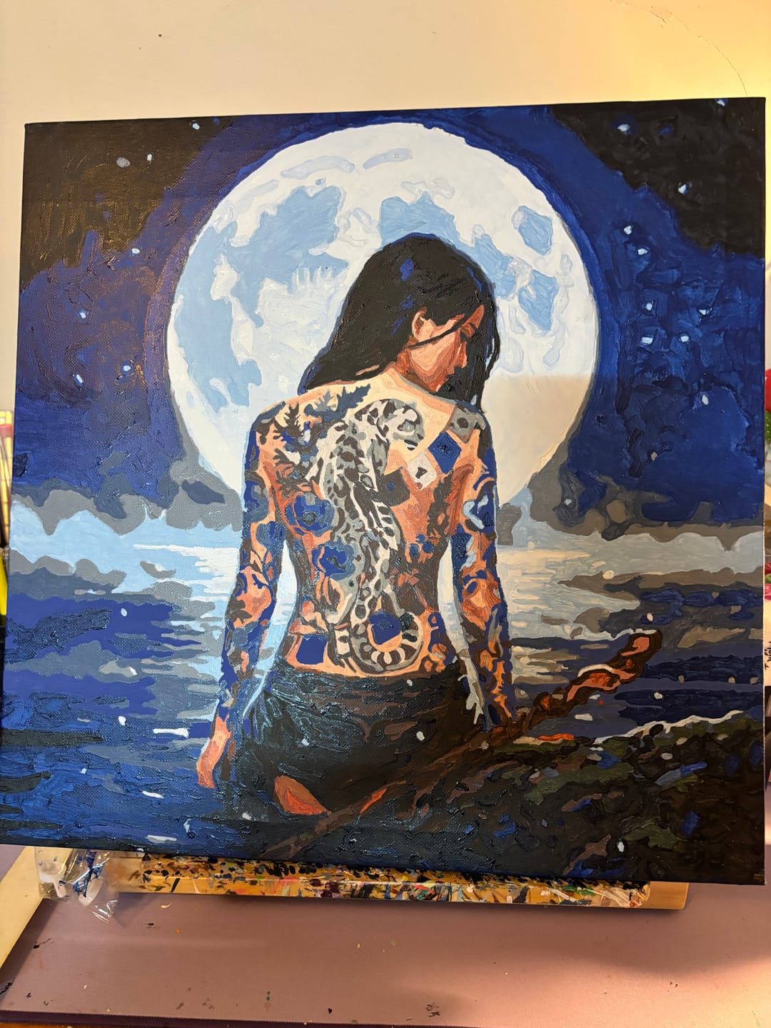 Customer photo review of Snow Leopard Under An Enormous Moon (Paint by Numbers)