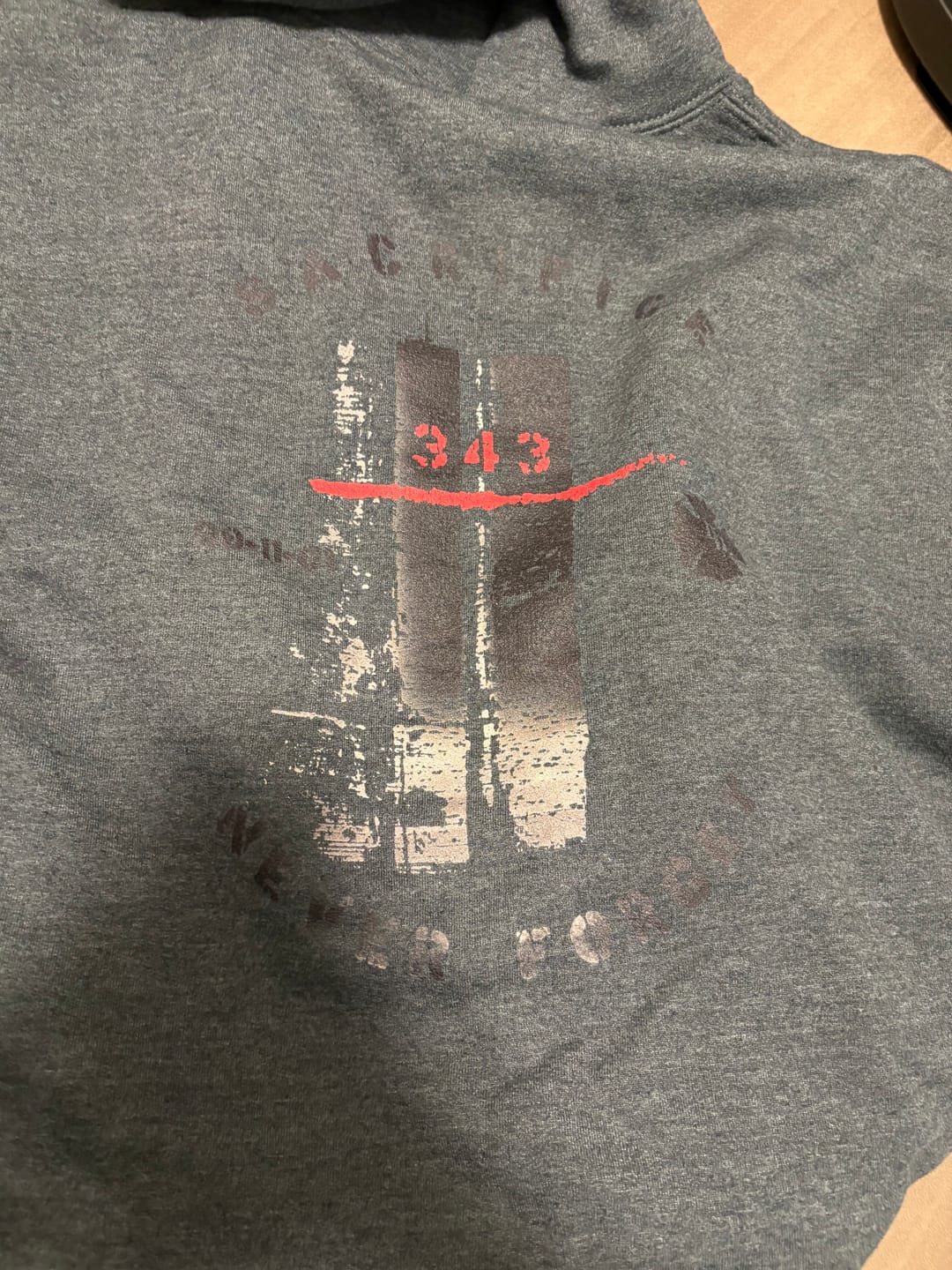 Customer photo review of 9/11 Never Forget 343 Twin Towers Hoodie