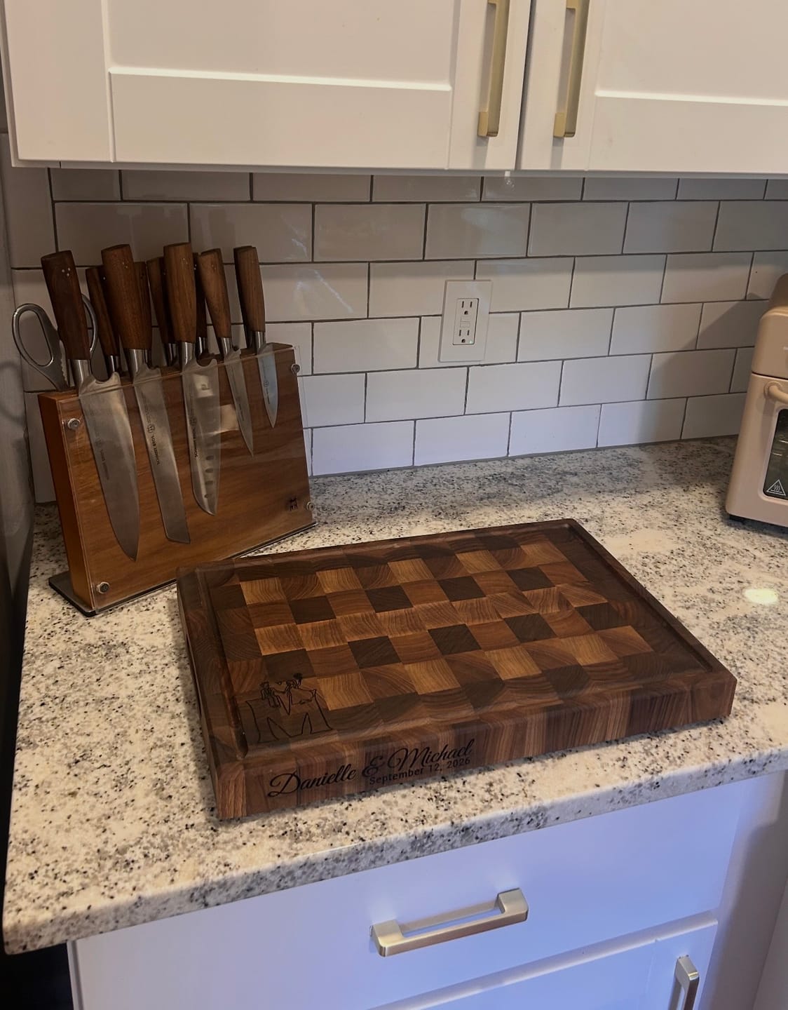 Customer photo review of Personalized Walnut and Cherry End Grain Cutting Board
