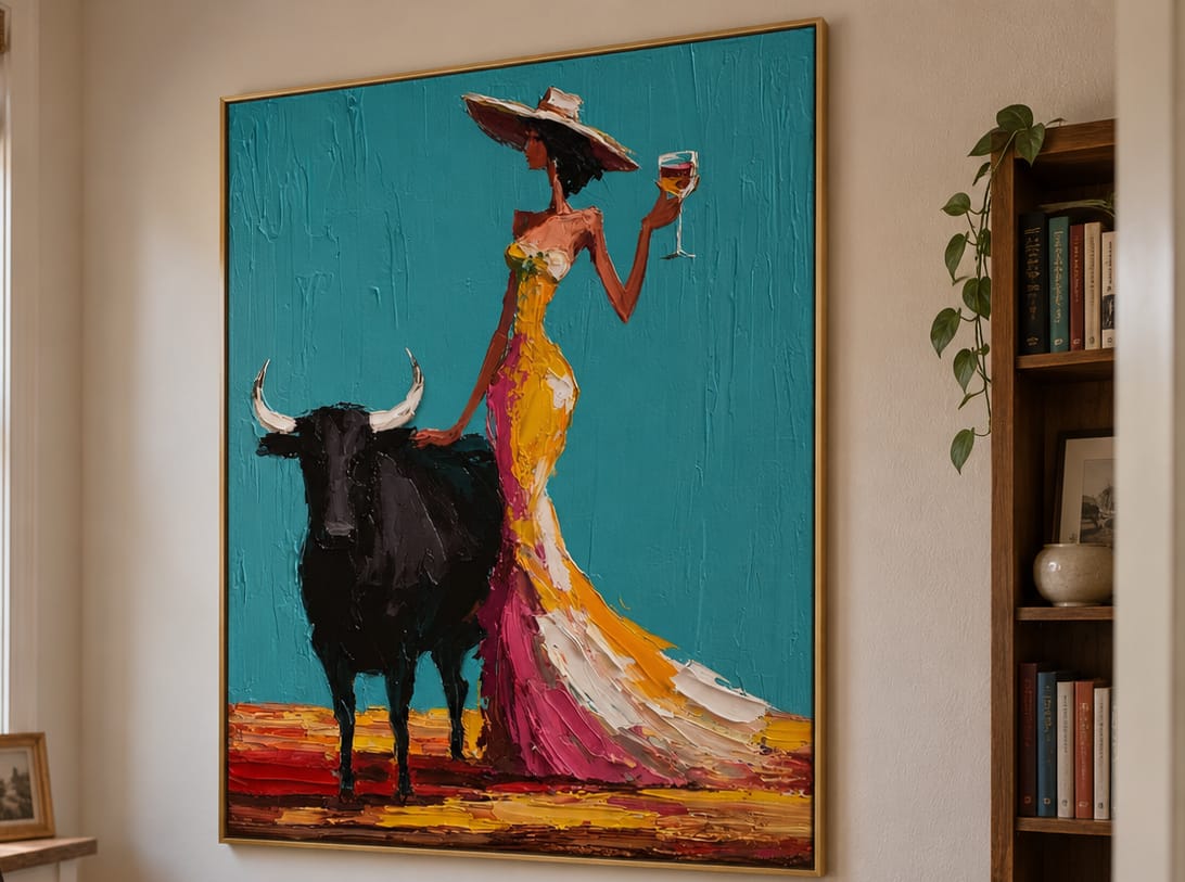 Customer photo review of Teal Toast-Cowgirl Bull Oil Painting