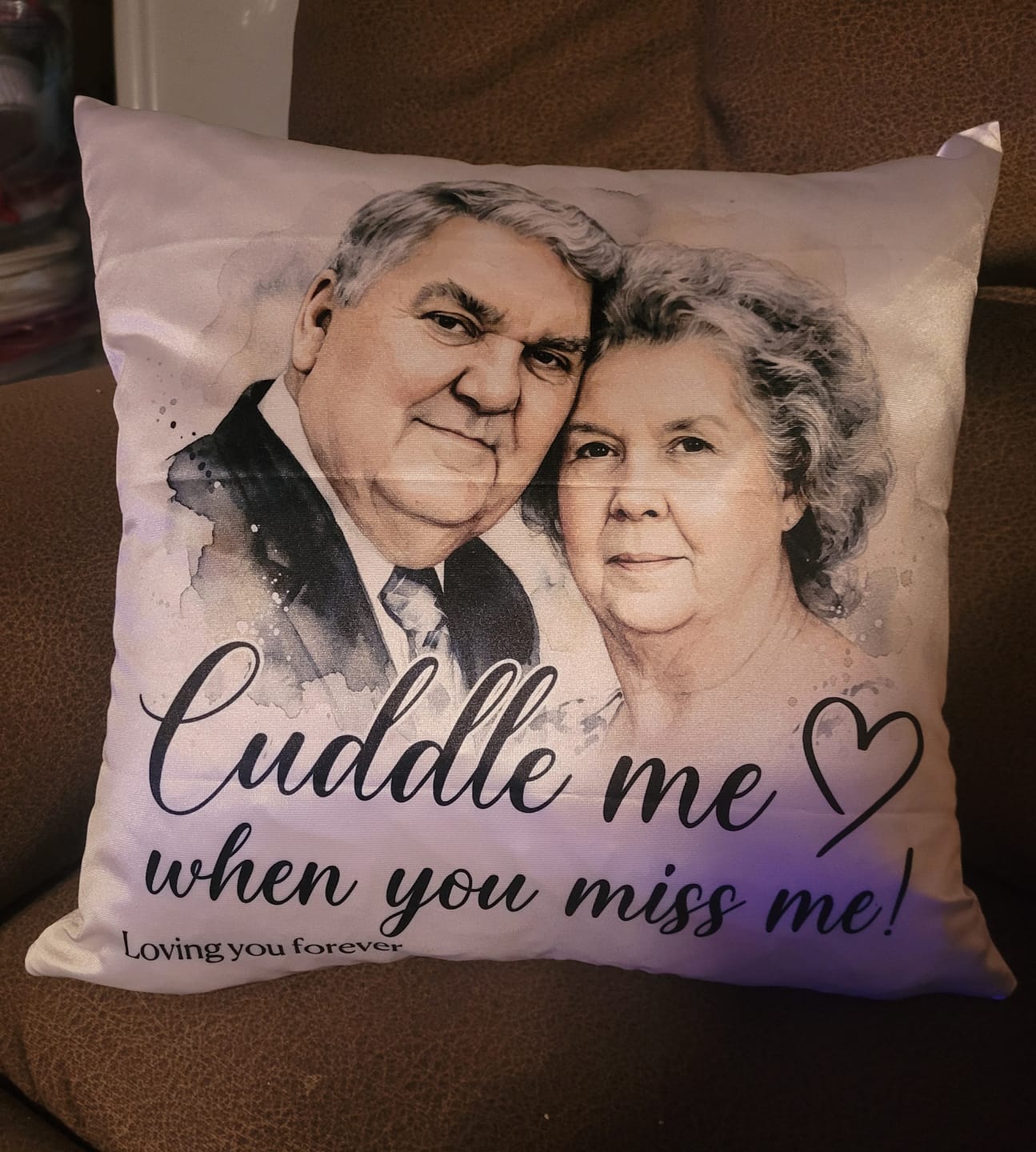 Customer photo review of Custom Watercolor Pillow "Cuddle me" from Your Photo – 16" x 16"
