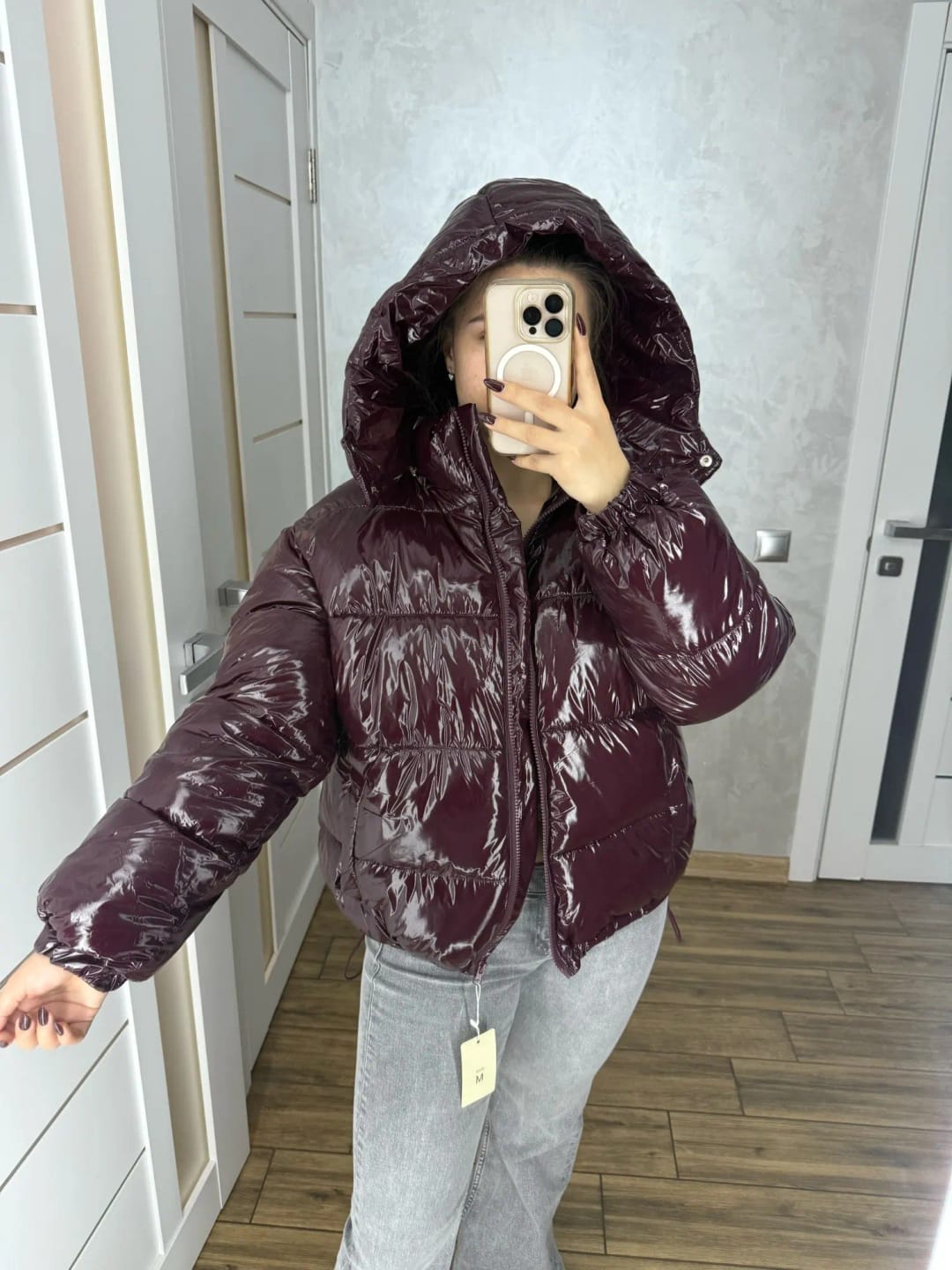 Customer photo review of Gina Hooded Glossy Puffer Jacket