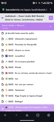 Customer's mobile screen showing the Eseuri Audio BAC Română application interface with a list of literary quiz topics.