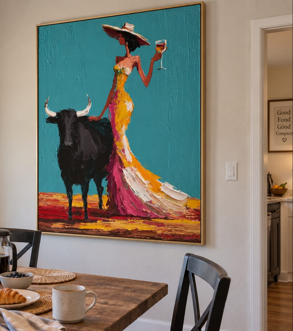 Customer photo review of Teal Toast-Cowgirl Bull Oil Painting
