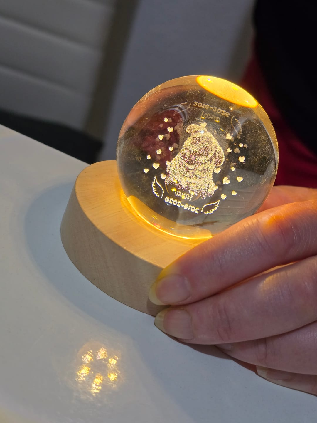Customer photo review of Memorial Personalized Crystal Ball LED Night Light