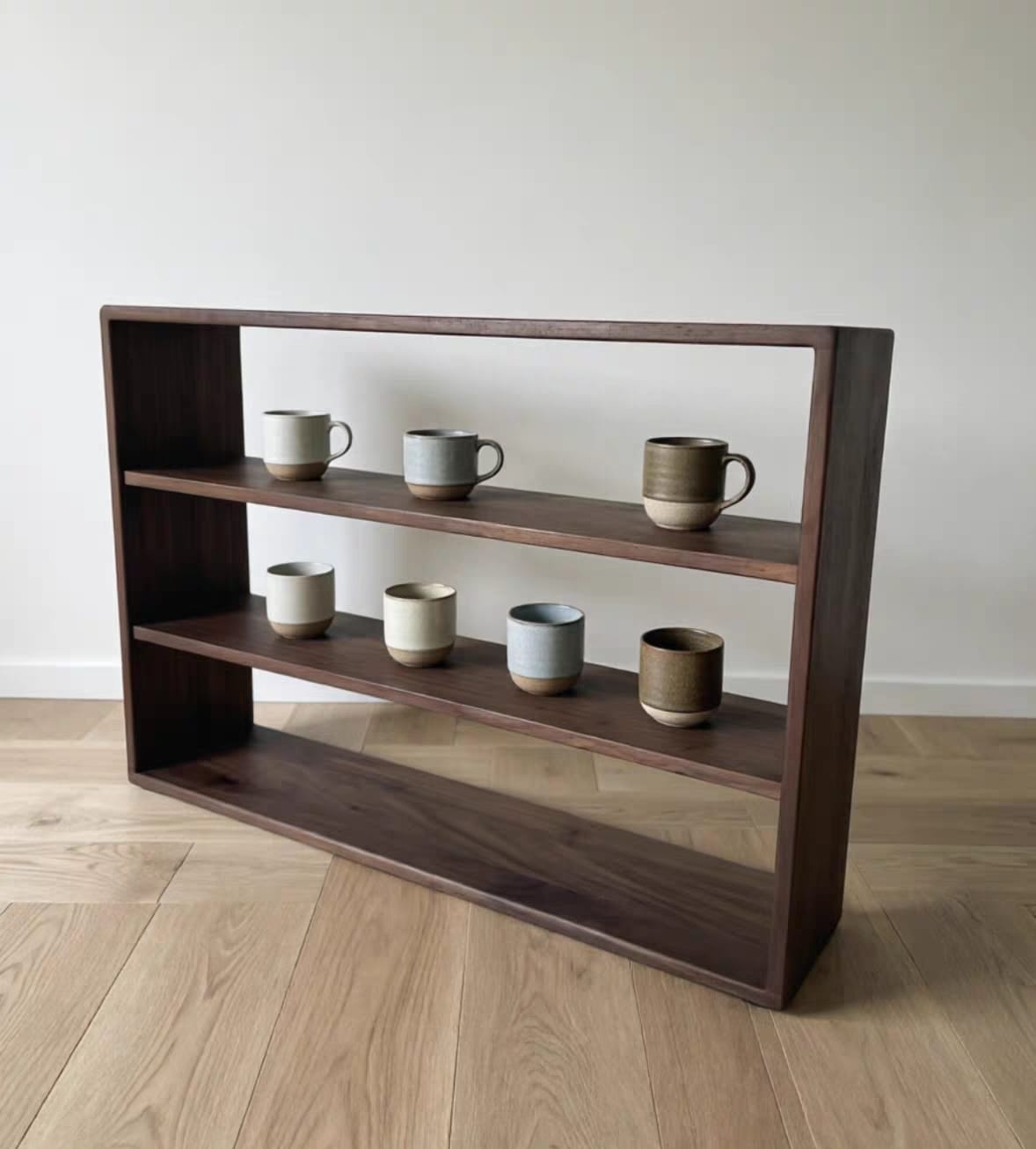 Customer photo review of Solid Walnut Three-Row Coffee Cup Display Shelf