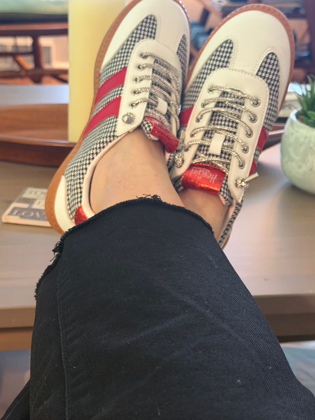 Customer photo review of Corky's Black White Houndstooth Heads Up Sneakers