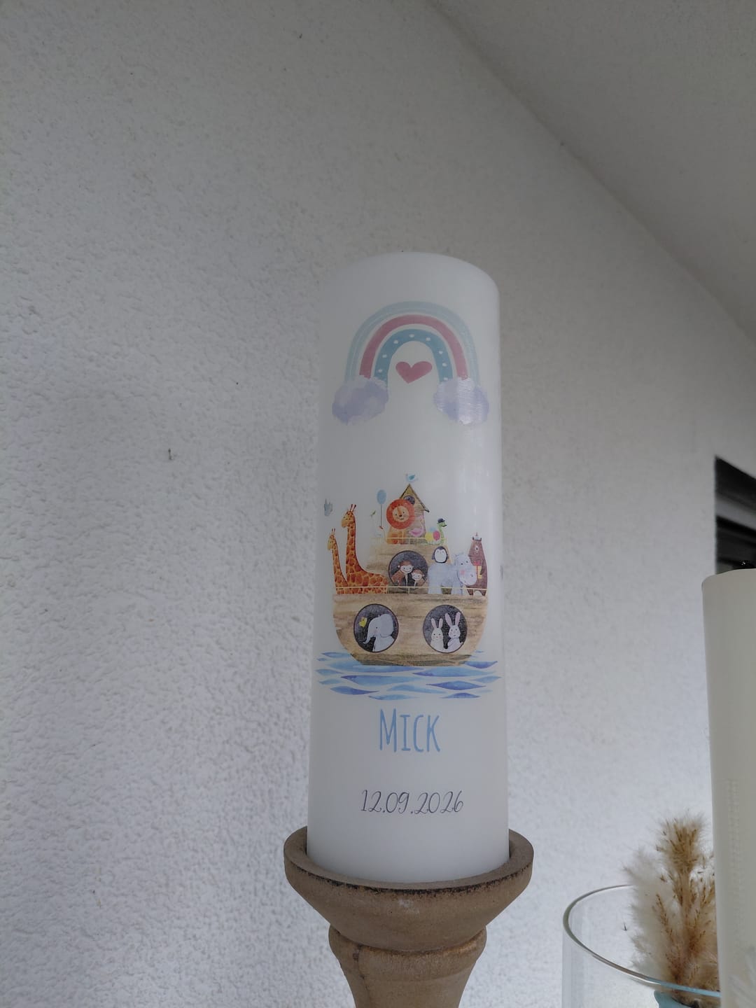 Customer photo review of Große Kerze "Arche Regenbogen" - Taufkerze mit Namen, Datum & Wunschtext
