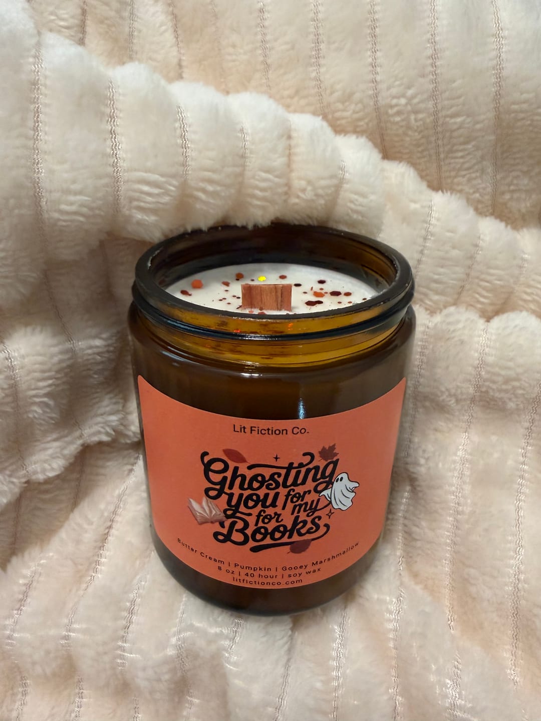 Customer photo review of Ghosting you for my books | Fall book themed candle