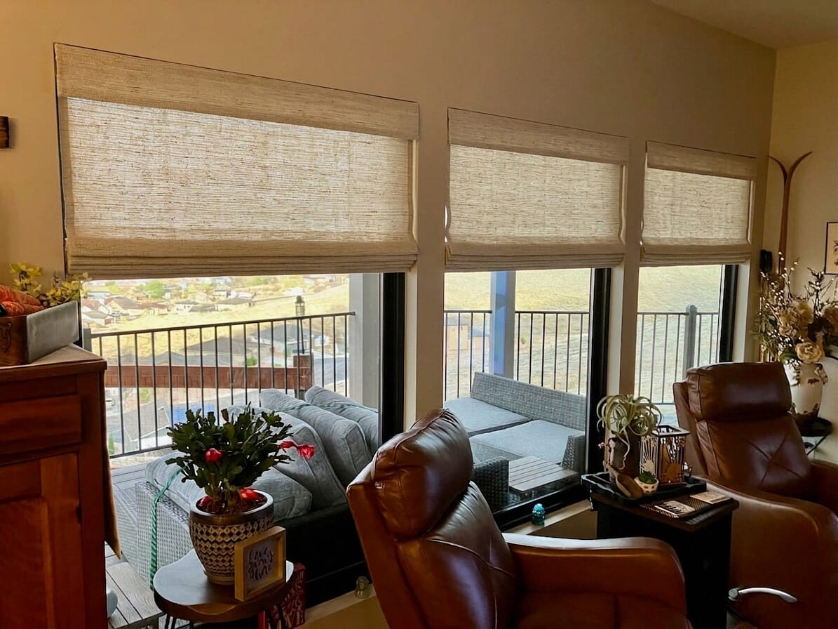 Customer photo review of Eden Handwoven Natural Ramie Motorized Bamboo Shade
