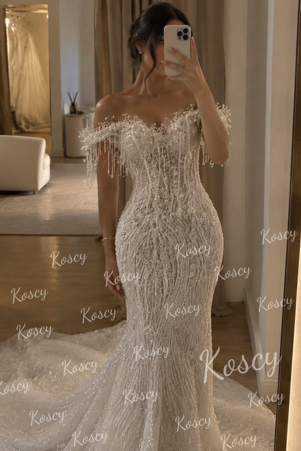Customer photo review of Luxury White Long Mermaid Off-the-shoulder Corset Beaded Prom Dress