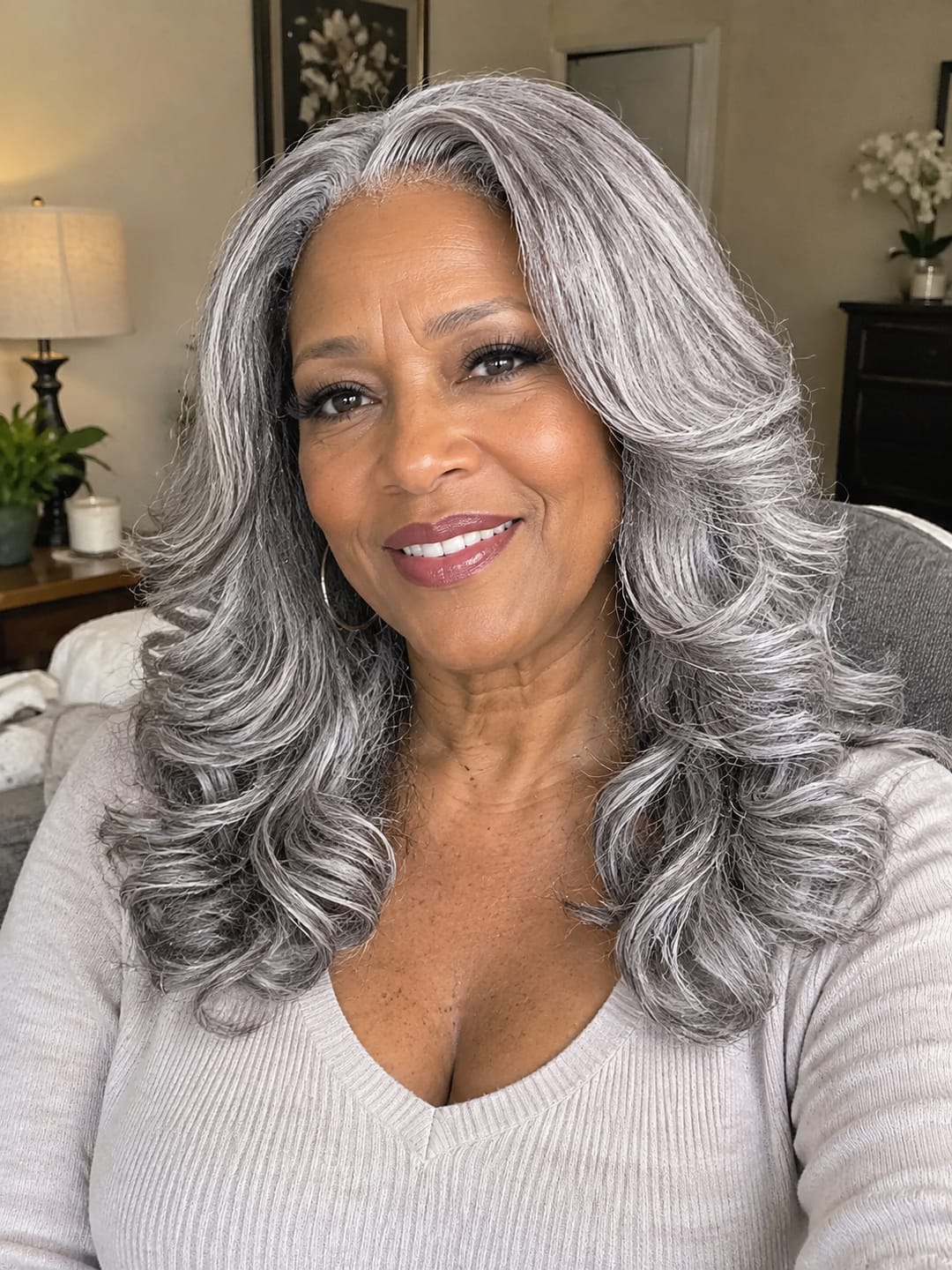 Customer photo review of Luvwin Ready To Go Custom Layerd Wavy Cut With Bangs Salt and Pepper 13x4 Frontal Glueless Wig