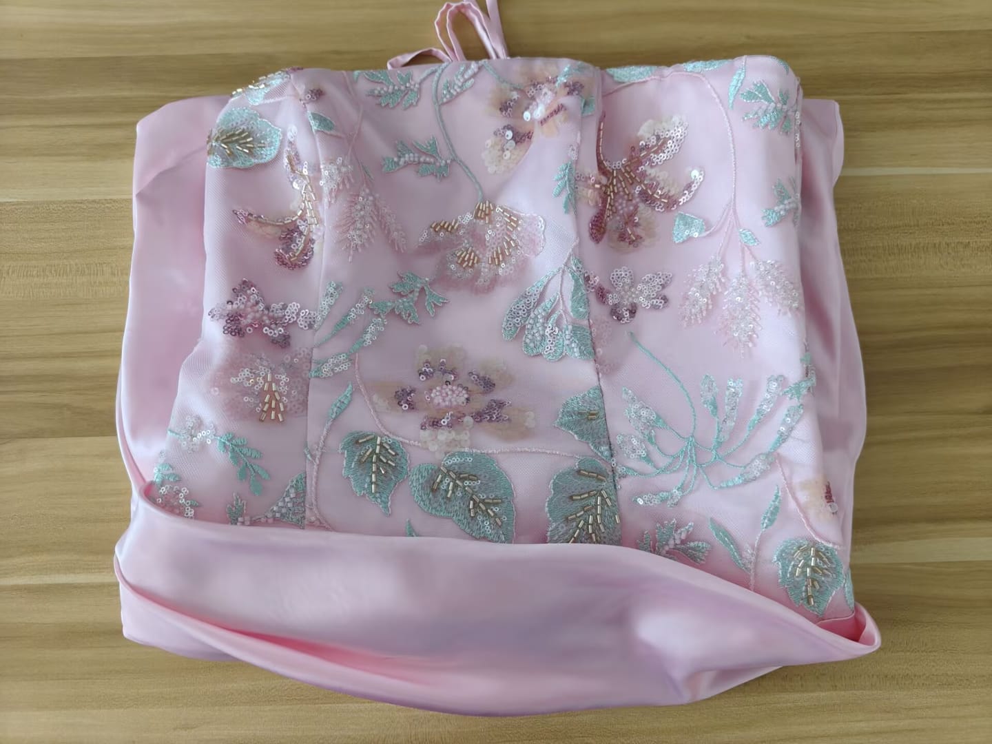 Customer photo review of Strapless Pink Floral Embroidery Short Dress