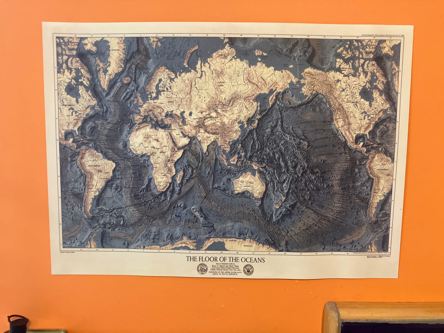 Customer photo review of Rare Old Map of the Ocean Floor and Land Relief by the US Navy in 1976 - Europe, Africa, Americas, Antarctica, Australia