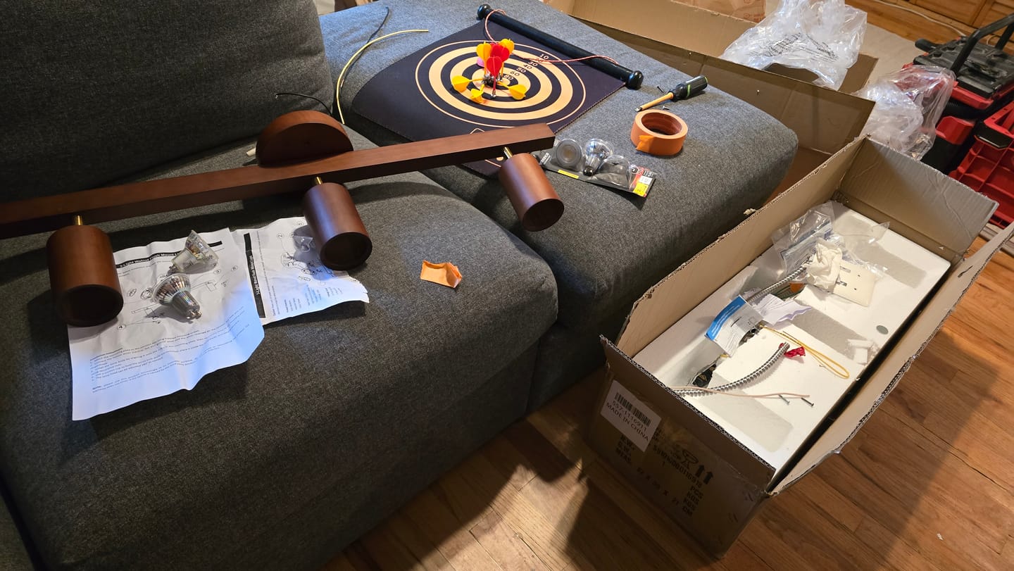 Customer photo review of Farmhouse Walnut Wood 4-Light Linear Semi Flush Track Light