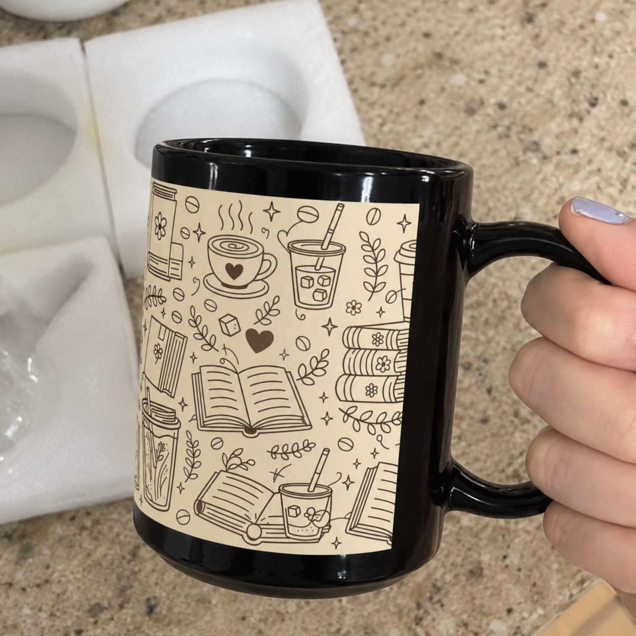Customer photo review of Busy life. Soft moments. Black Mug