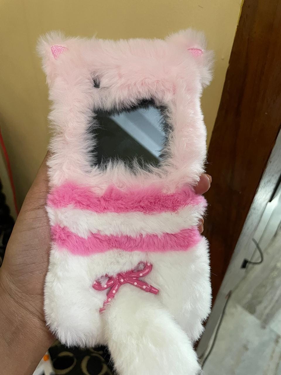 Customer photo review of Pink Furry Cat Samsung Z Flip Case with Tail & Strap