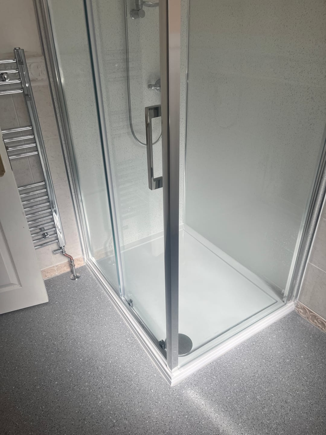 Customer photo review of 10mm Platinum White Sparkle Gloss Shower Panel 1M x 2.4M