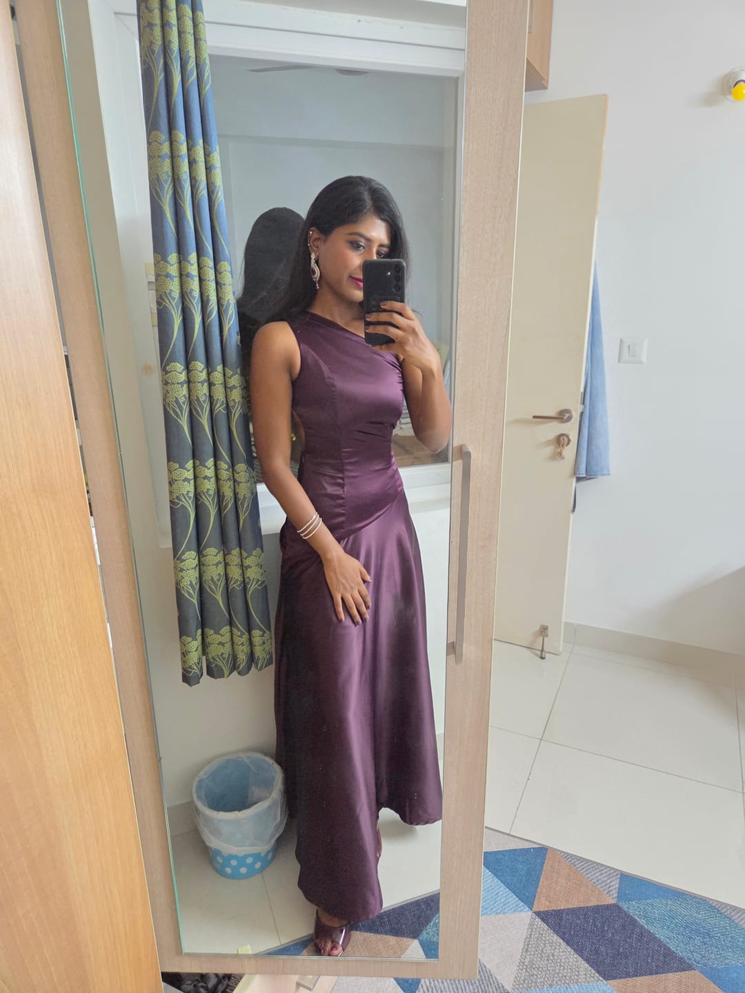 Customer photo review of Iris Asymmetrical Satin Maxi Dress