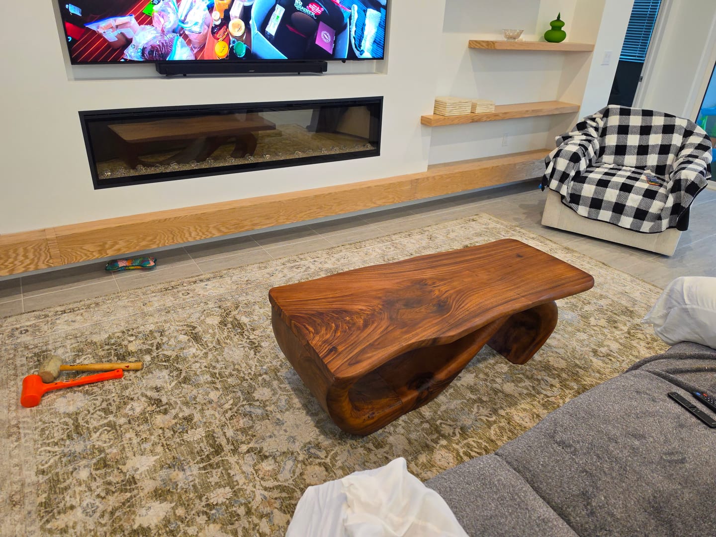 Customer photo review of Organic Coffee Table With Carved Wood Base For Living Room