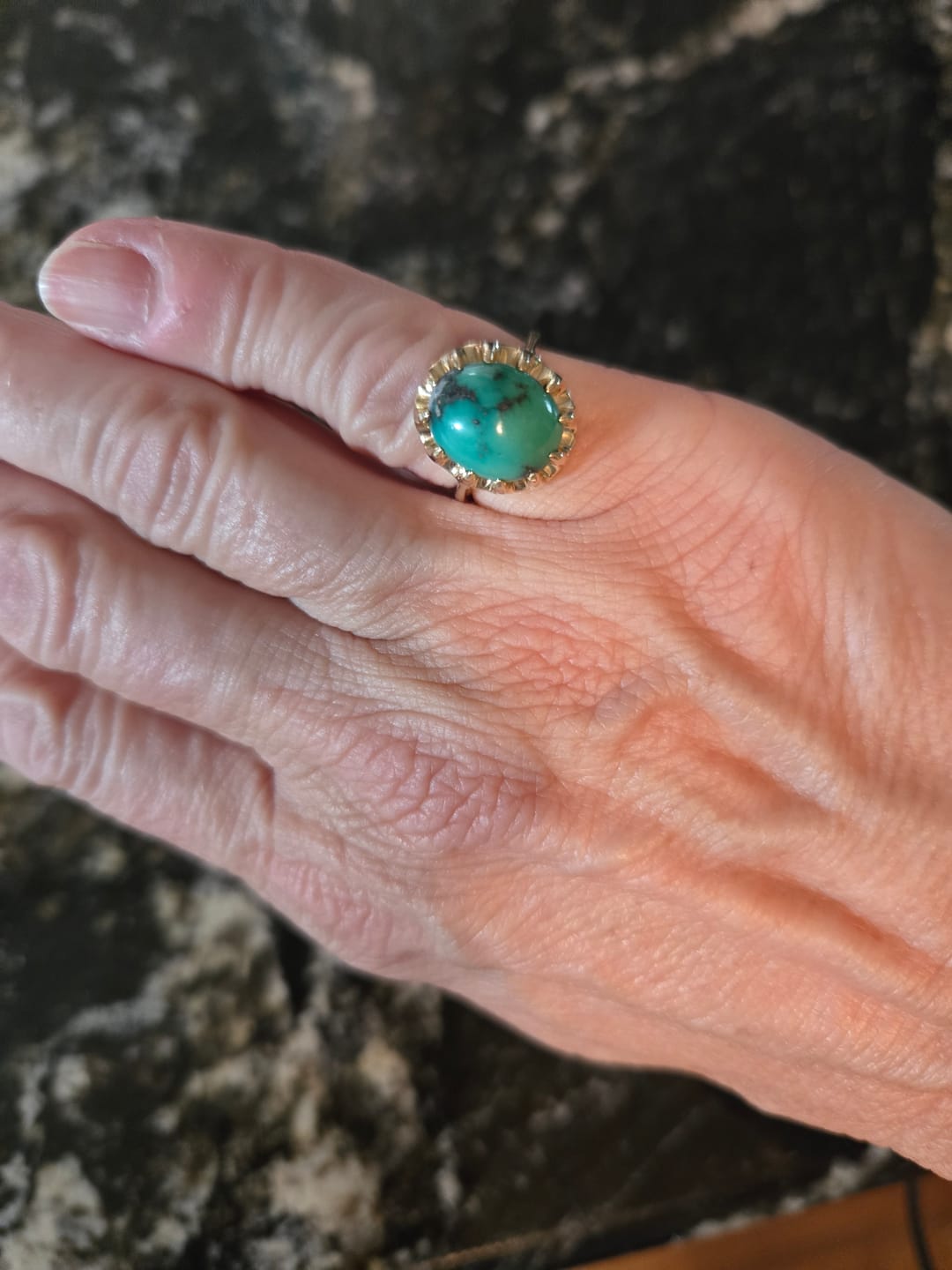 Customer photo review of Vintage 14k Yellow Gold 4.18ct Turquoise Buttercup-Set Cabochon Ring 6.00