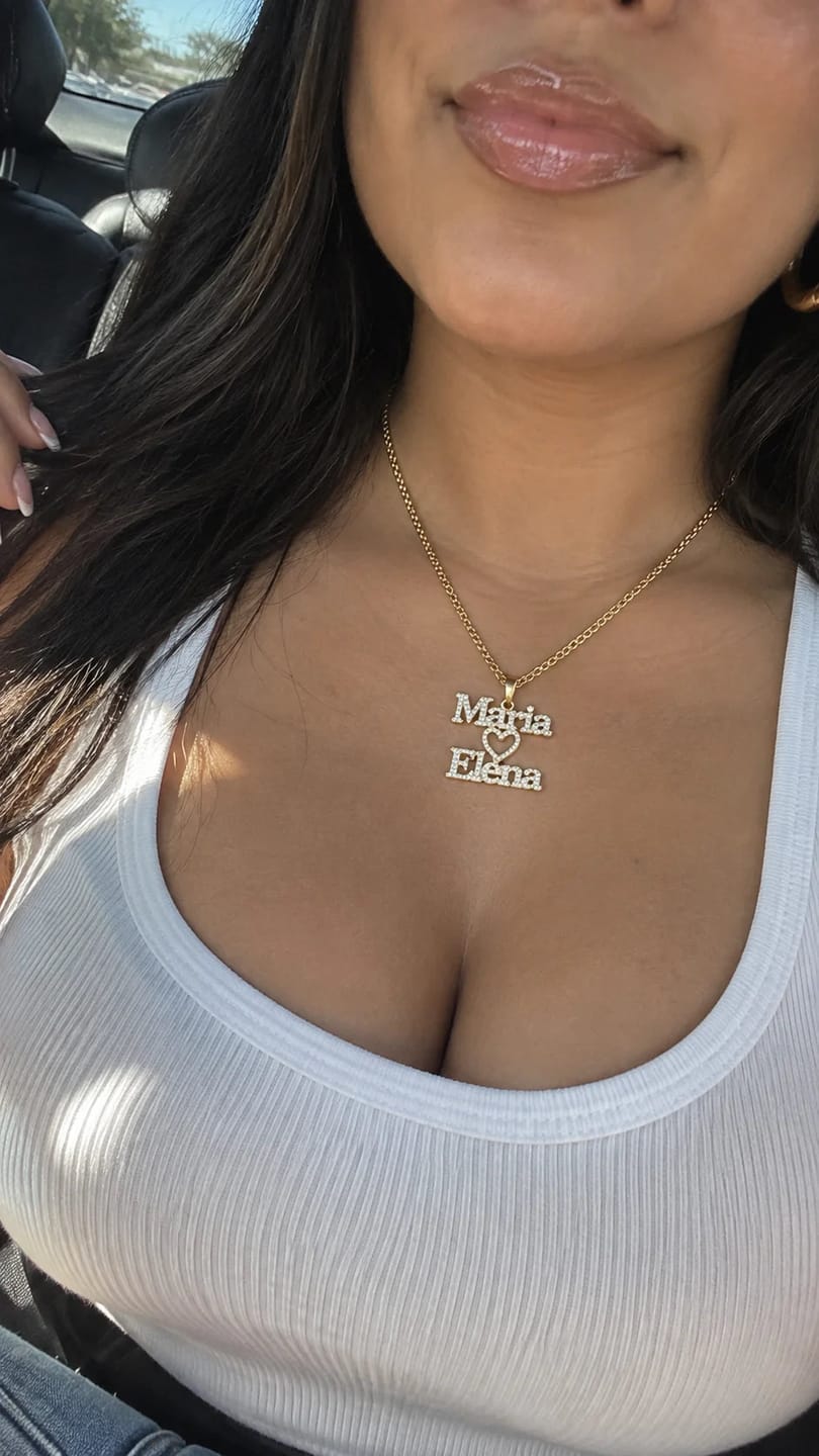 Customer photo review of Personalized Iced Two Name Heart Necklace