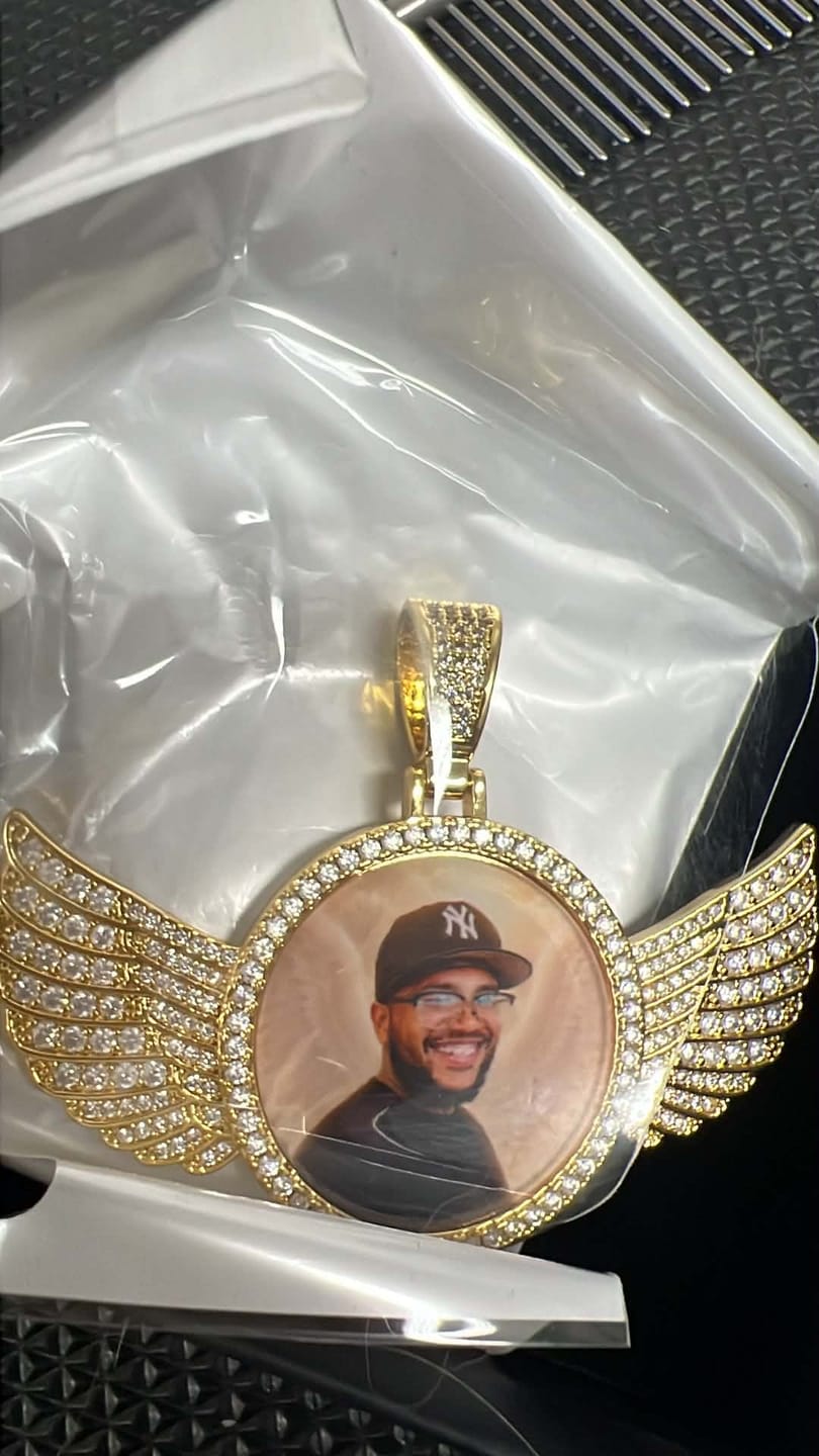 Customer photo review of Custom Diamond Studded Angel Wing Photo Necklace