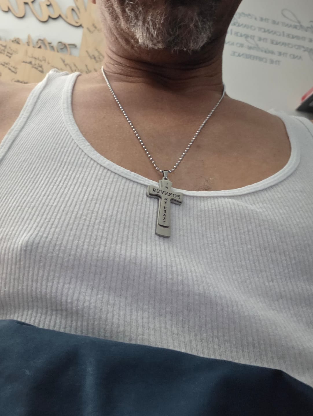 Customer photo review of Forever in my Heart Men's Cross Necklace