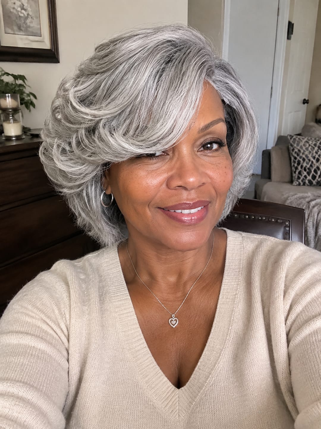 Customer photo review of Luvwin Silver Gray Custom Layered Cut Side Part Hair Salt And Pepper Real Human Hair