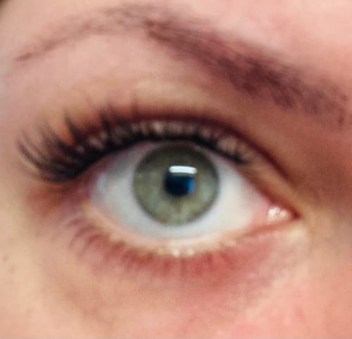 Customer's Starter Set Pre-Glued 2.0 lashes applied to one eye, showing a natural, soft lash look.