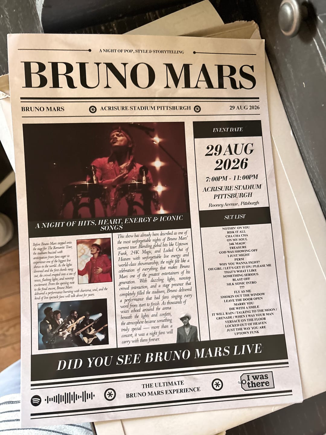 Customer photo review of Bruno Mars - Personalised Newspaper Style Concert Poster (USA Tour)