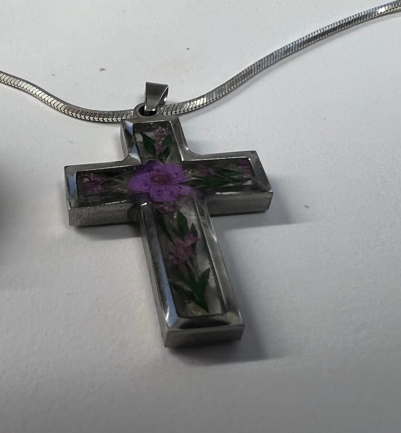 Customer photo review of Flower Cross Pendant with Infused Ashes