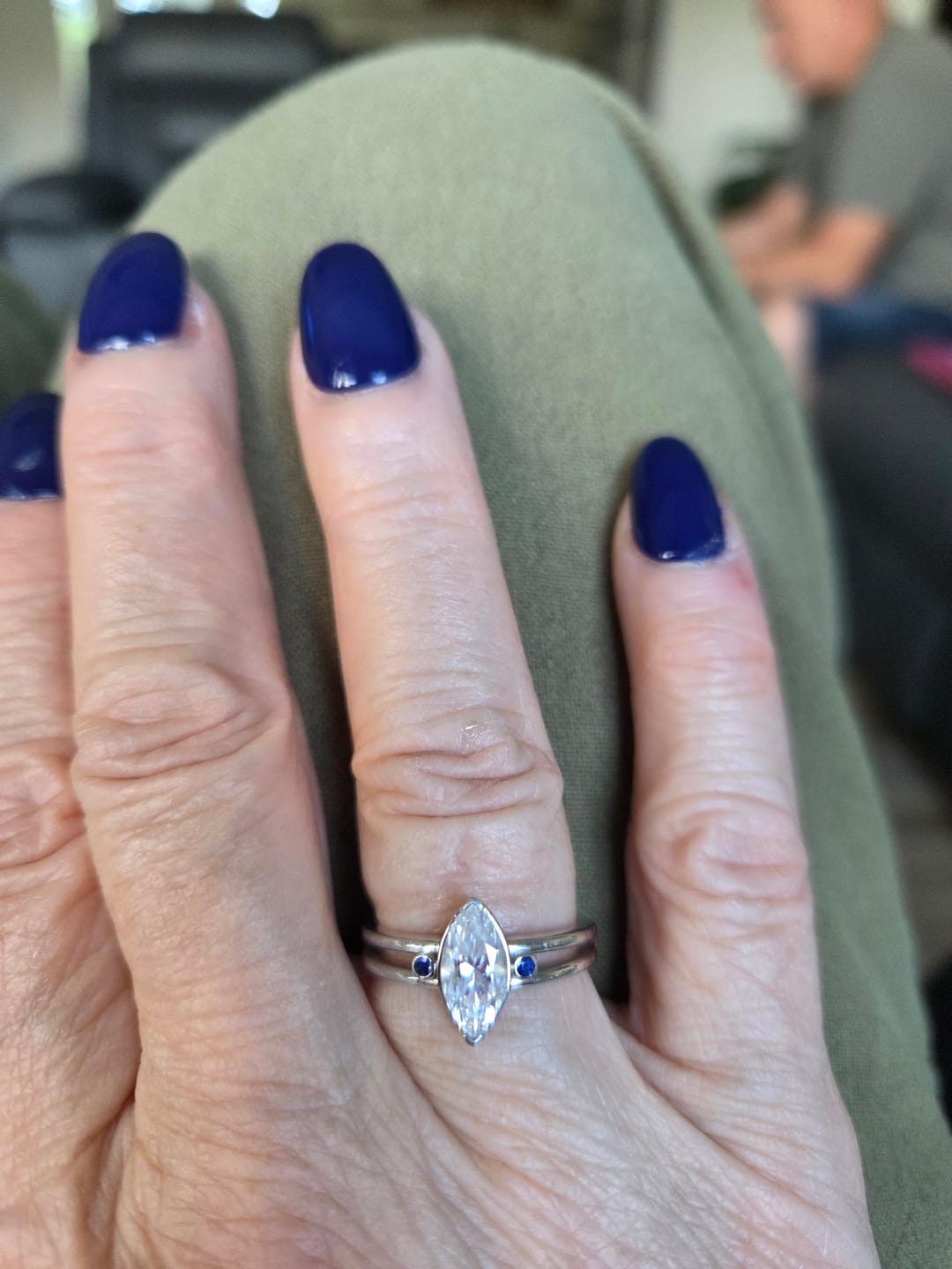 Customer photo review of Cat Eye Inspired Marquise Moissanite with Sapphire Split Shank Engagement Ring