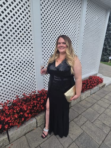 Customer photo review of Sandy Sequin Gown by Dress The Population - RENTAL