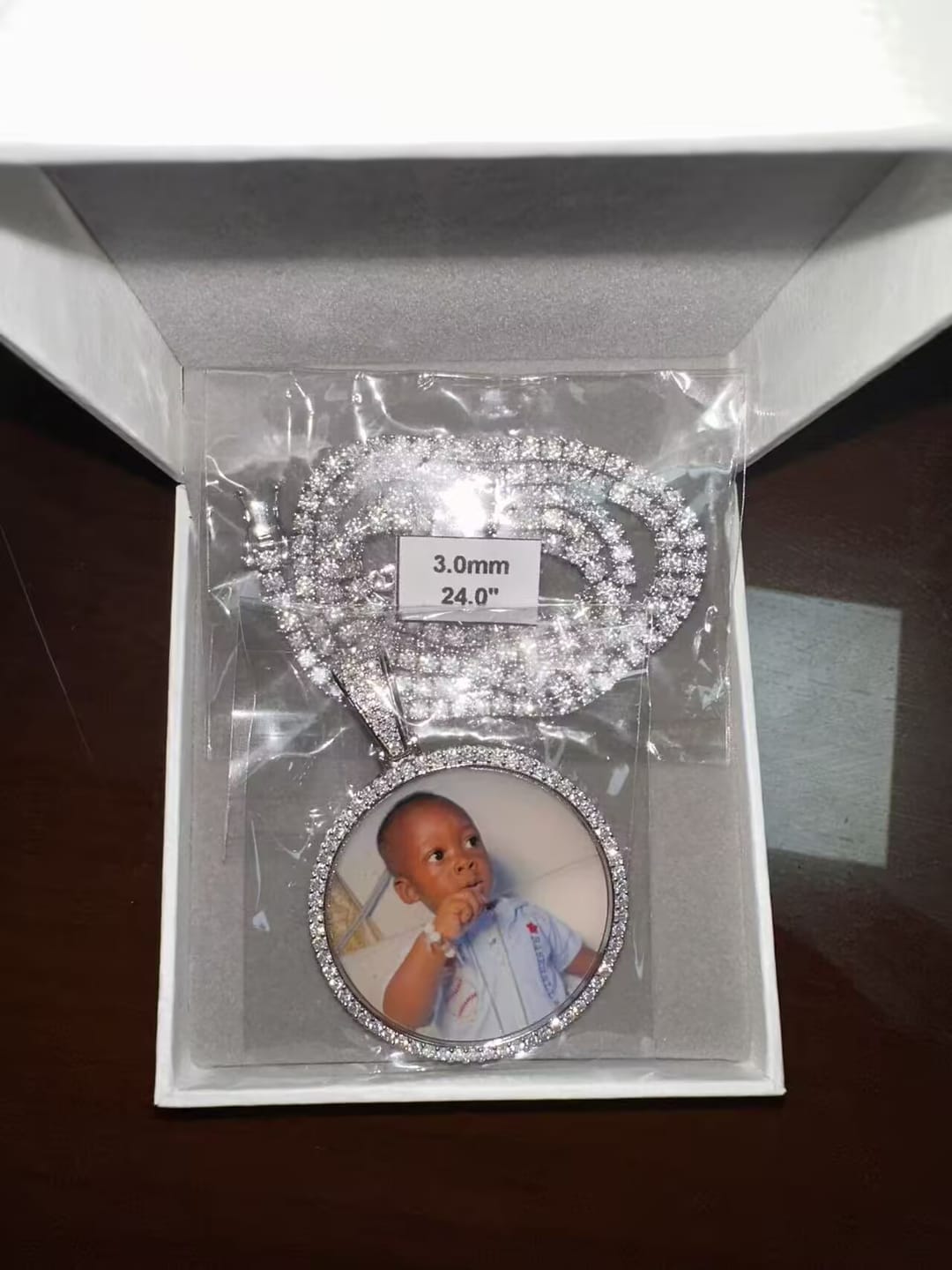 Customer photo review of Hip Hop Moissanite Diamond Memory Pendant for 4MM Tennis Chain