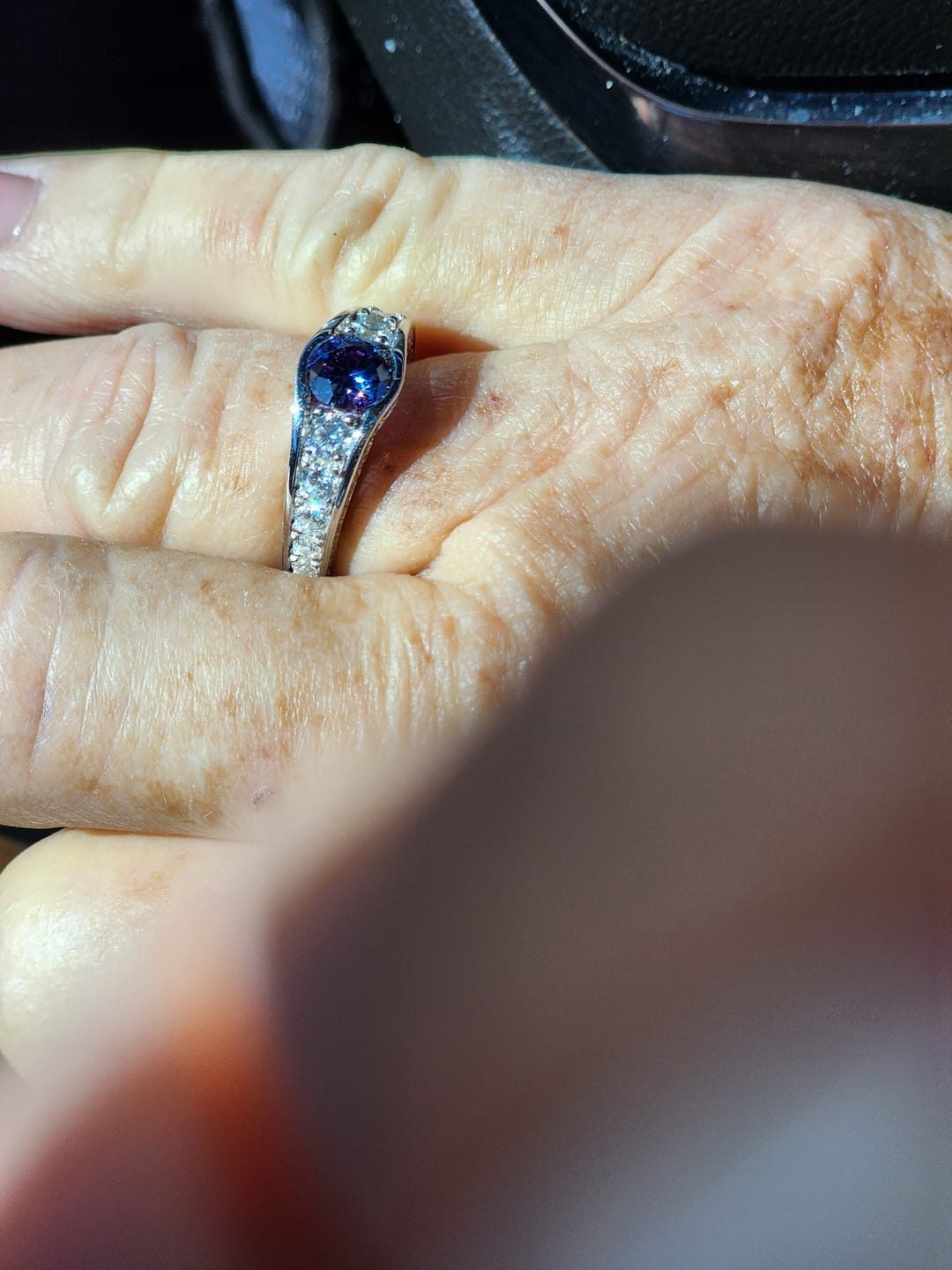 Customer photo review of Bezel Colored Moissanite Channel Euro Shank Pave Engagement Ring