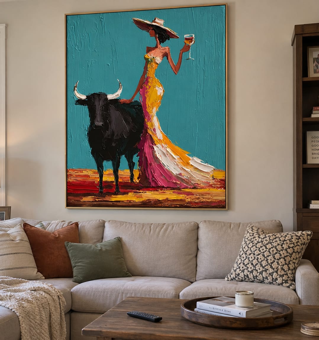 Customer photo review of Teal Toast-Cowgirl Bull Oil Painting