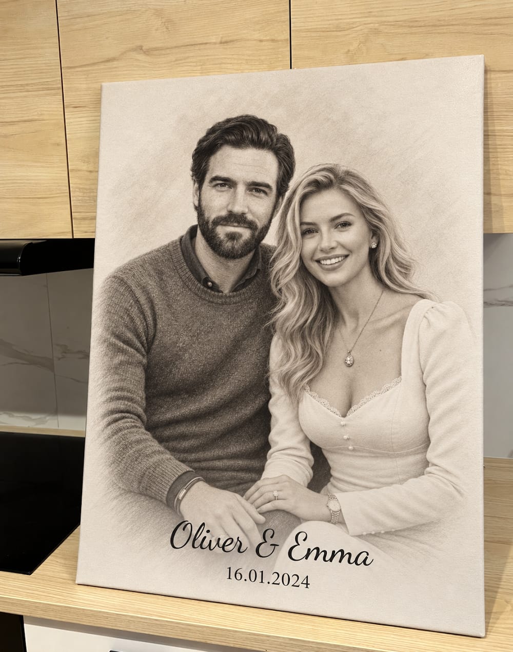 Customer photo review of Personalized Couple Portrait – Elegant Pencil Sketch Style