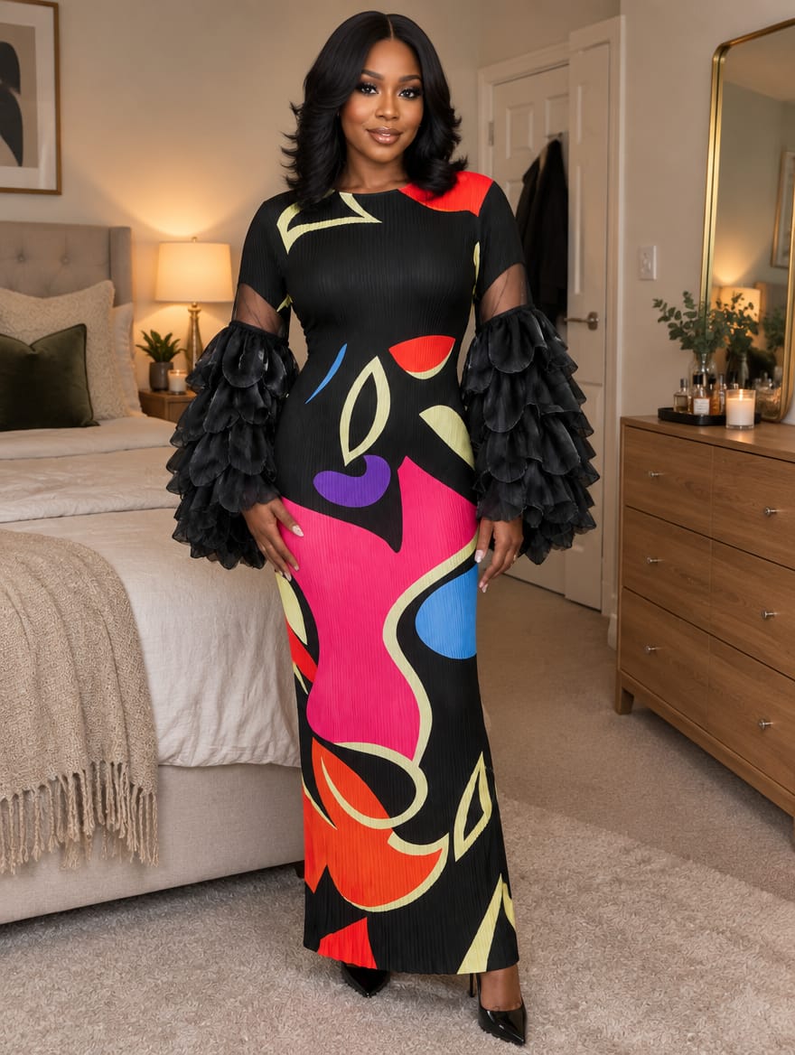 Customer photo review of Bianca Abstract Print Maxi Dress
