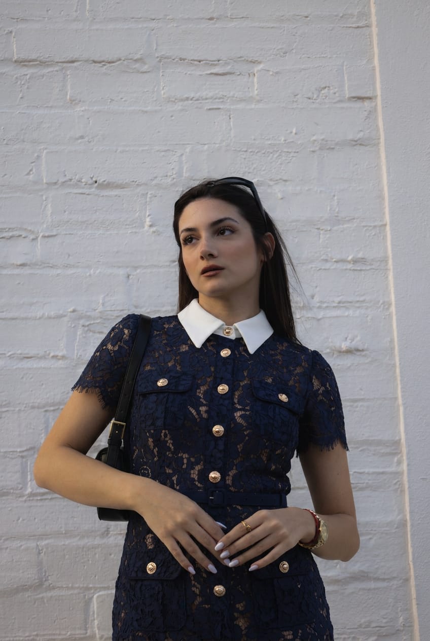 Customer photo review of Contrast-Collar Lace Midi Dress