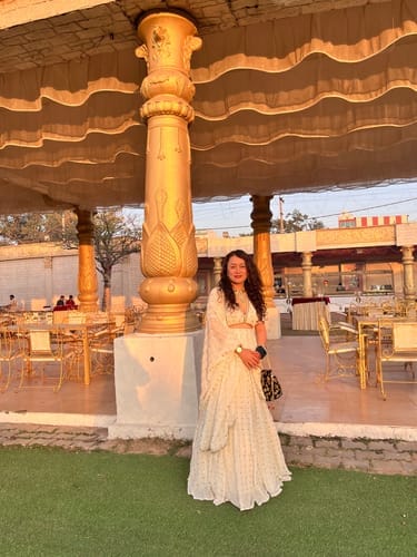 Customer photo review of Astoria Ivory Mirror Work Lehenga Set